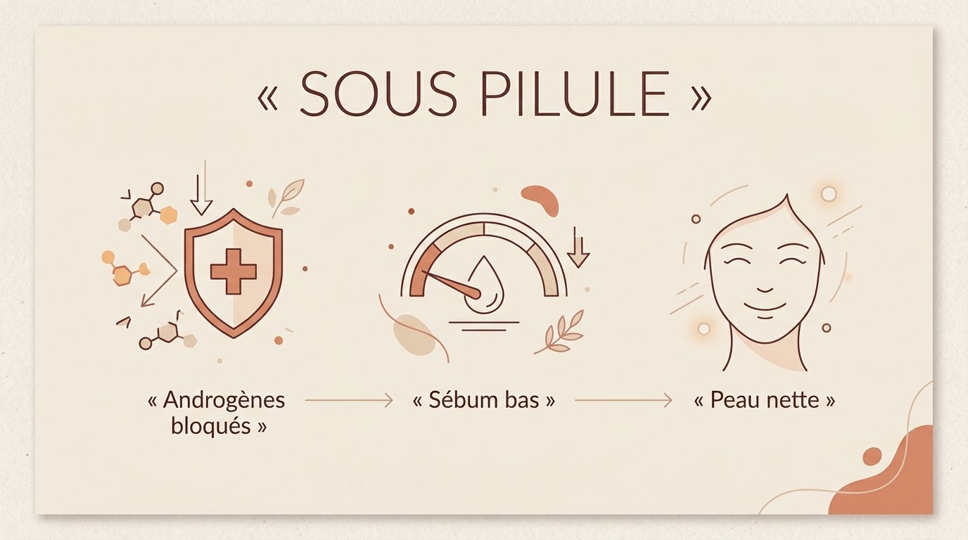Sous pilule : androgènes bloqués, sébum bas, peau nette