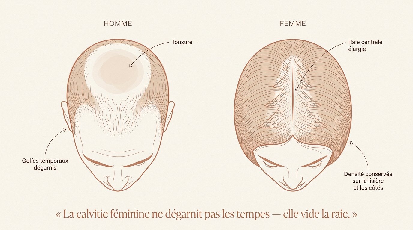 Calvitie homme (golfes, tonsure) vs femme (raie centrale élargie)