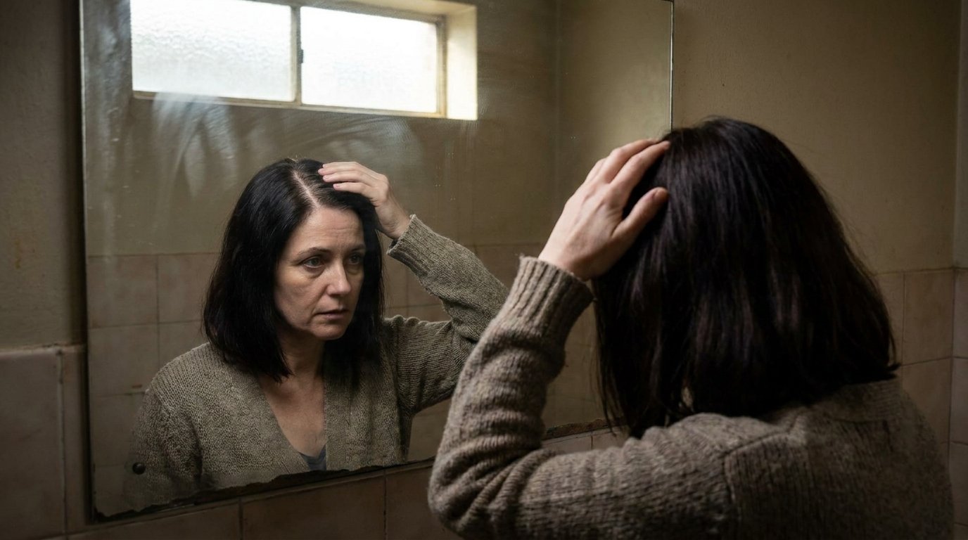 Donna che osserva la riga dei capelli allargata allo specchio
