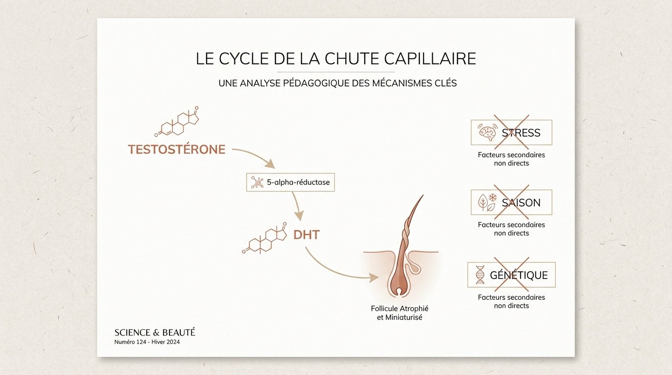Cascade hormonale : testostérone, 5-alpha-réductase, DHT, follicule miniaturisé