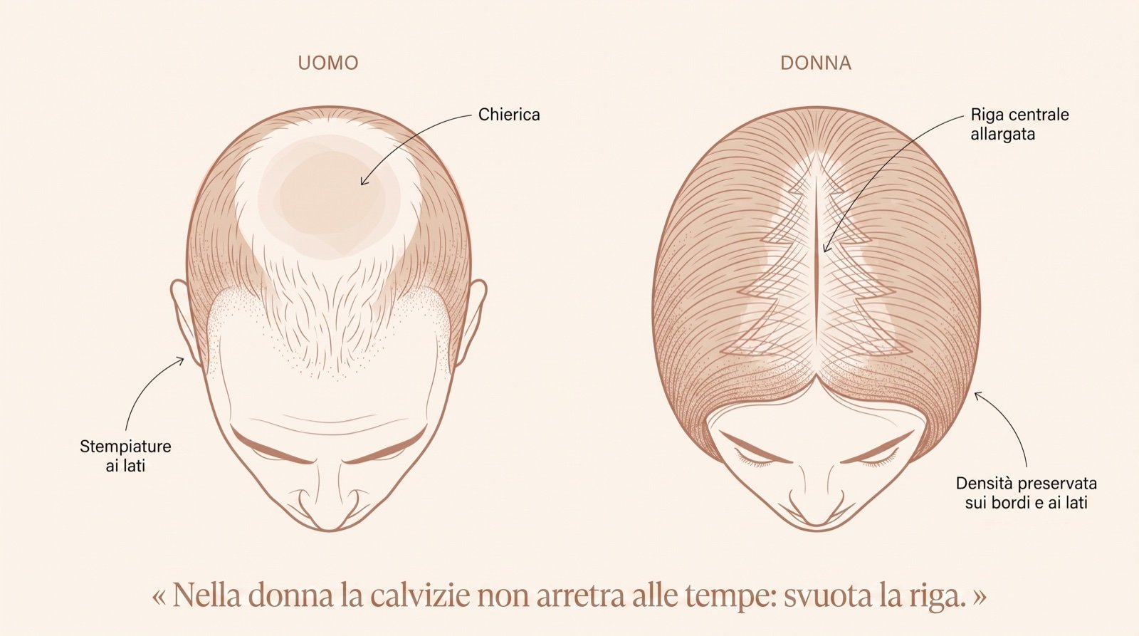 Calvizie uomo (stempiature, chierica) vs donna (riga centrale allargata)