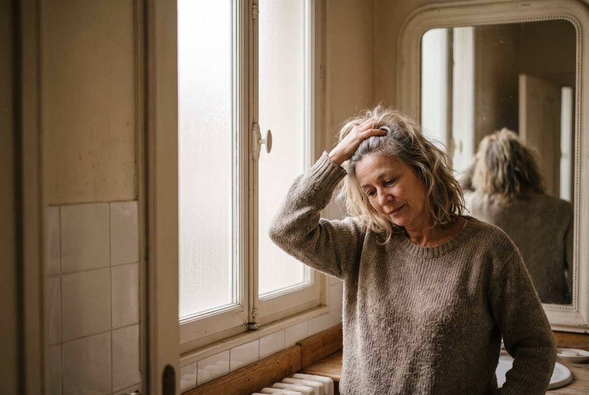 Femme d'une cinquantaine d'ann&eacute;es observant la densit&eacute; de ses cheveux