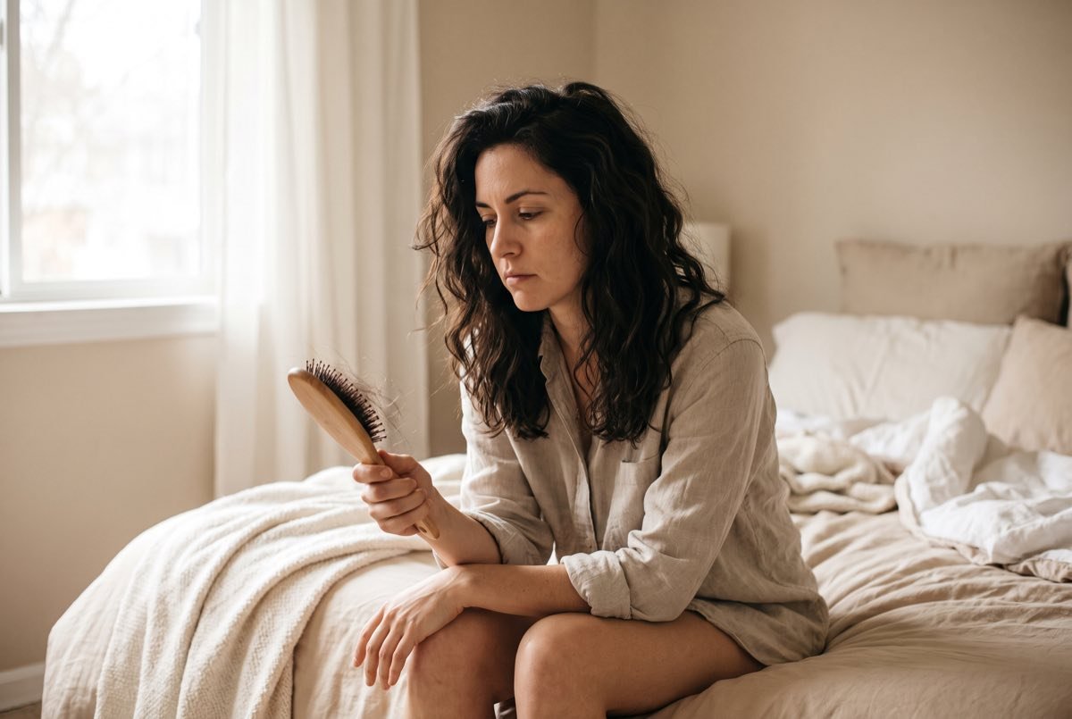 Jeune femme observant sa brosse &agrave; cheveux