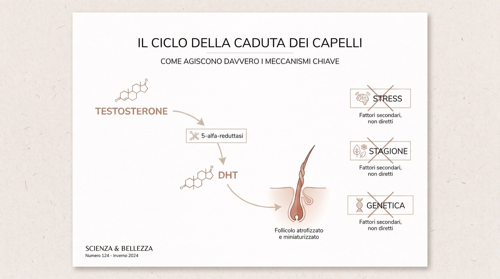 Cascata ormonale: testosterone, 5-alfa-reduttasi, DHT, follicolo miniaturizzato