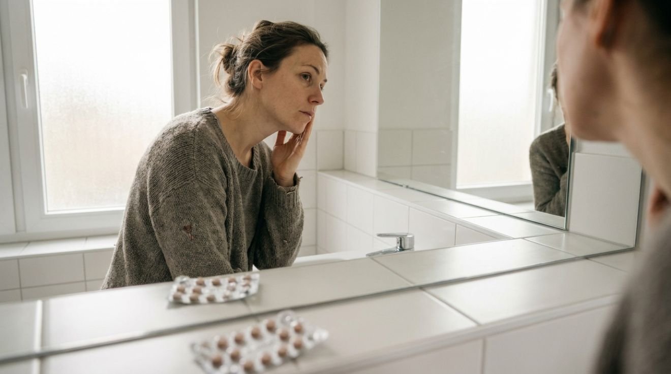 Femme observant sa peau dans le miroir