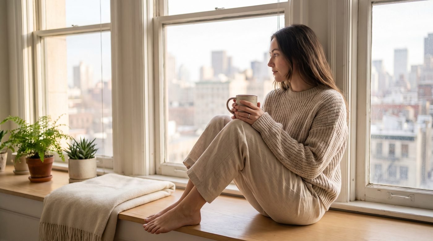 Femme assise près d'une fenêtre le matin