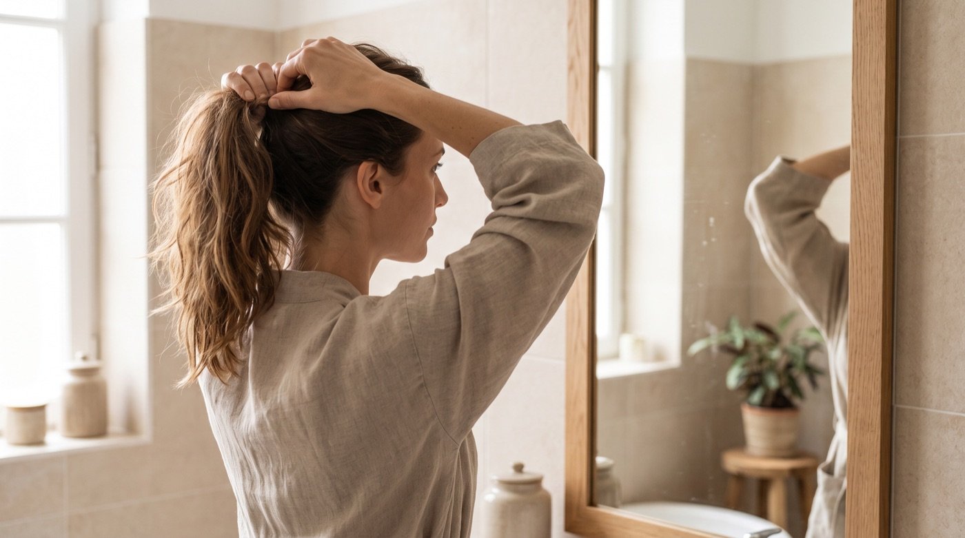 Une femme rassemble ses cheveux en queue de cheval devant un miroir