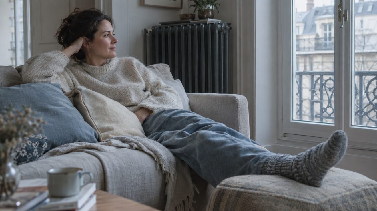 Une femme assise sur un canapé en fin de journée, jambes surélevées, lumière d'hiver